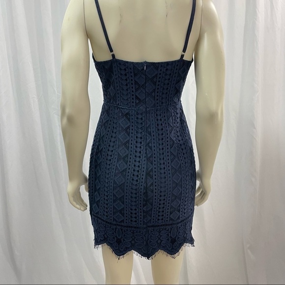 Storia Navy Blue Lace Mini Dress w/ Diamond Cutouts & Eyelash Trim - Size M - Picture 3 of 8